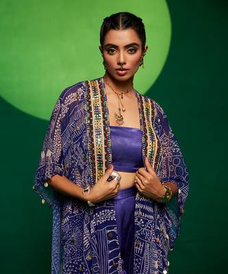 Purple silk printed geometric pant set 4
