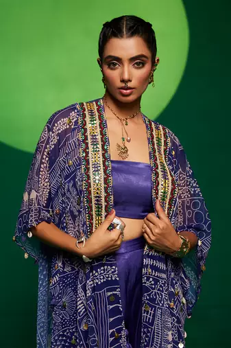 Purple silk printed geometric pant set