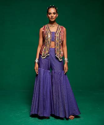 Blue muslin printed geometric sharara set 1