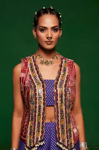 Blue muslin printed geometric sharara set