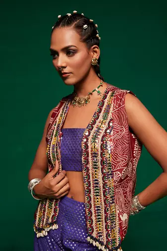 Blue muslin printed geometric sharara set