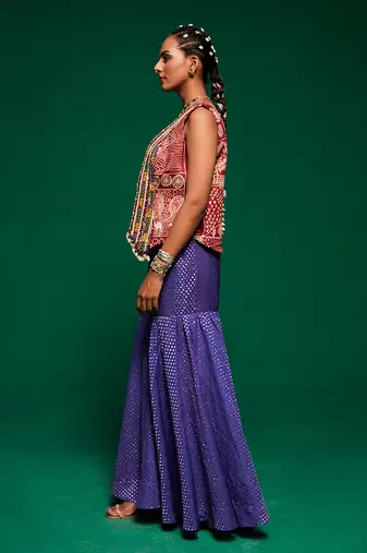 Blue muslin printed geometric sharara set
