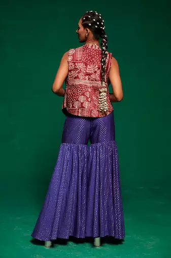 Blue muslin printed geometric sharara set