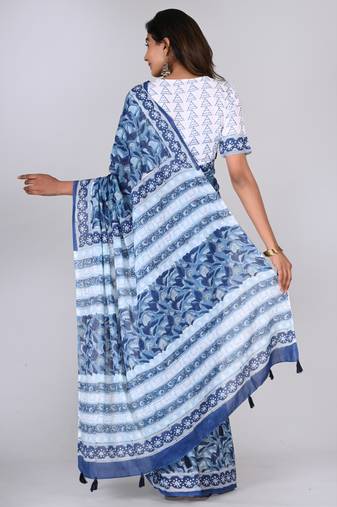 Shivanya handicrafts hand block printed women mulmul cotton sarees for women attach blouse piece sh-1621