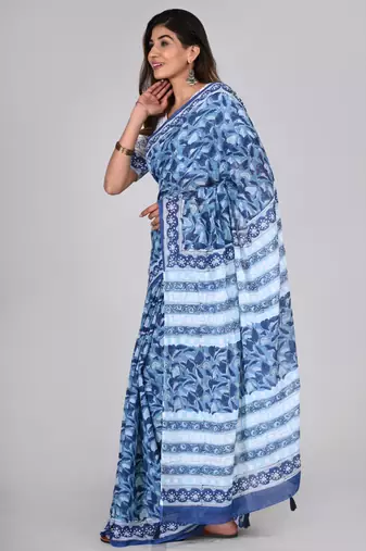 Shivanya handicrafts hand block printed women mulmul cotton sarees for women attach blouse piece sh-1621