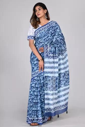 Shivanya handicrafts hand block printed women mulmul cotton sarees for women attach blouse piece sh-1621