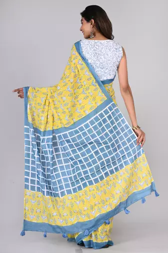 Shivanya handicrafts hand block printed women mulmul cotton sarees for women attach blouse piece sh-1622