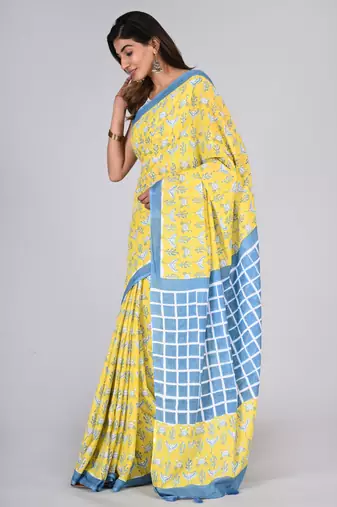 Shivanya handicrafts hand block printed women mulmul cotton sarees for women attach blouse piece sh-1622