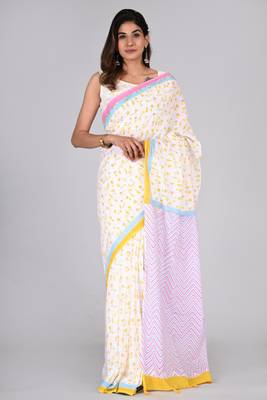 Shivanya handicrafts hand block printed women mulmul cotton sarees for women attach blouse piece sh-1623 1