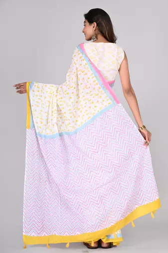 Shivanya handicrafts hand block printed women mulmul cotton sarees for women attach blouse piece sh-1623