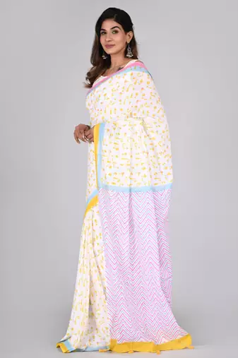 Shivanya handicrafts hand block printed women mulmul cotton sarees for women attach blouse piece sh-1623