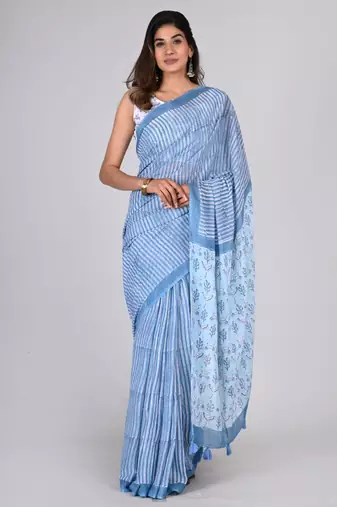 Shivanya handicrafts hand block printed women mulmul cotton sarees for women attach blouse piece sh-1624