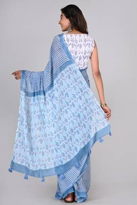 Shivanya handicrafts hand block printed women mulmul cotton sarees for women attach blouse piece sh-1624 2