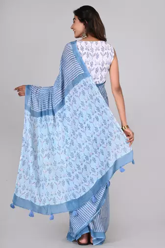 Shivanya handicrafts hand block printed women mulmul cotton sarees for women attach blouse piece sh-1624