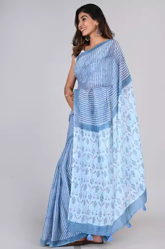 Shivanya handicrafts hand block printed women mulmul cotton sarees for women attach blouse piece sh-1624