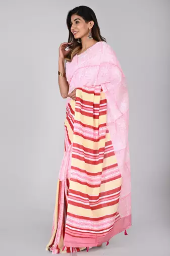 Shivanya handicrafts hand block printed women mulmul cotton sarees for women attach blouse piece sh-1625