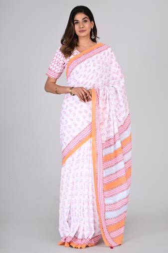 Shivanya handicrafts hand block printed women mulmul cotton sarees for women attach blouse piece sh-1626