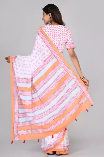 Shivanya handicrafts hand block printed women mulmul cotton sarees for women attach blouse piece sh-1626