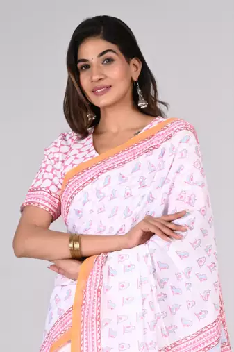 Shivanya handicrafts hand block printed women mulmul cotton sarees for women attach blouse piece sh-1626