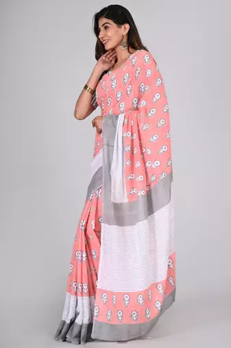 Shivanya handicrafts hand block printed women mulmul cotton sarees for women attach blouse piece sh-1627