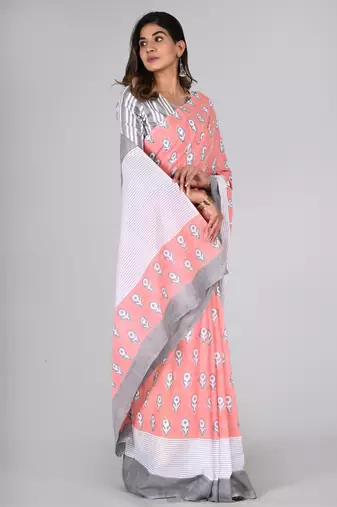 Shivanya handicrafts hand block printed women mulmul cotton sarees for women attach blouse piece sh-1627