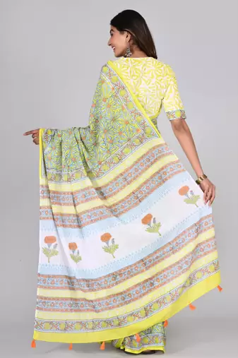 Shivanya handicrafts hand block printed women mulmul cotton sarees for women attach blouse piece sh-1628