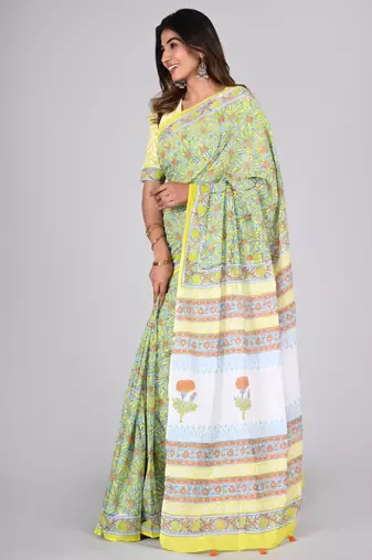 Shivanya handicrafts hand block printed women mulmul cotton sarees for women attach blouse piece sh-1628