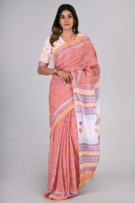 Shivanya handicrafts hand block printed women mulmul cotton sarees for women attach blouse piece sh-1630 1