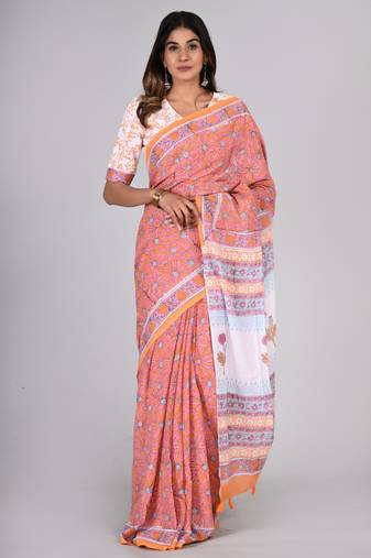Shivanya handicrafts hand block printed women mulmul cotton sarees for women attach blouse piece sh-1630