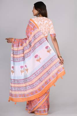 Shivanya handicrafts hand block printed women mulmul cotton sarees for women attach blouse piece sh-1630 2