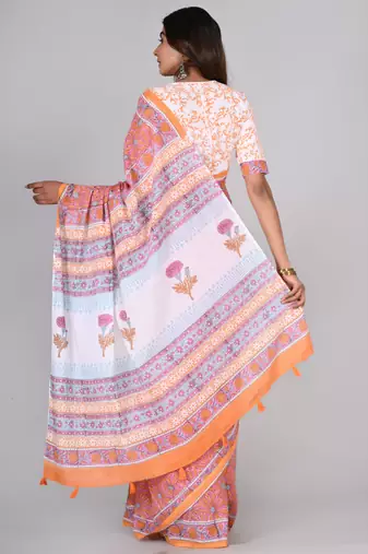 Shivanya handicrafts hand block printed women mulmul cotton sarees for women attach blouse piece sh-1630
