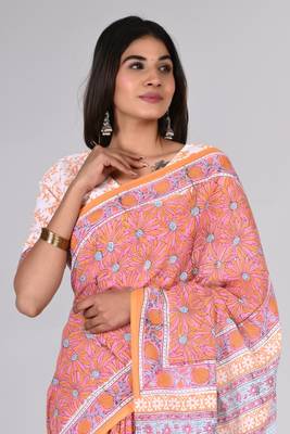 Shivanya handicrafts hand block printed women mulmul cotton sarees for women attach blouse piece sh-1630 3