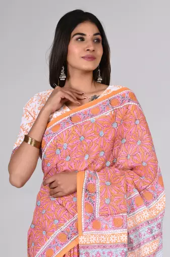 Shivanya handicrafts hand block printed women mulmul cotton sarees for women attach blouse piece sh-1630
