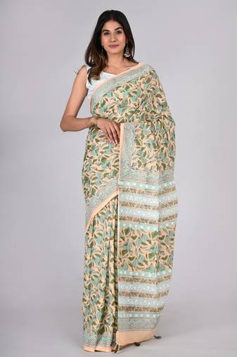 Shivanya handicrafts hand block printed women mulmul cotton sarees for women attach blouse piece sh-1631