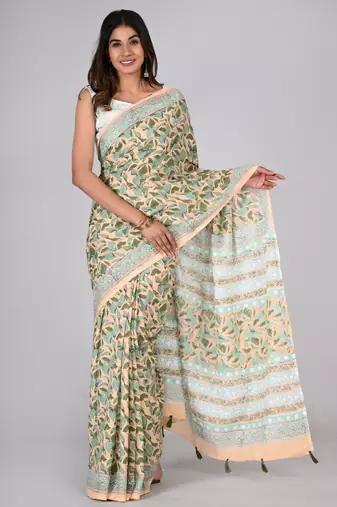 Shivanya handicrafts hand block printed women mulmul cotton sarees for women attach blouse piece sh-1631
