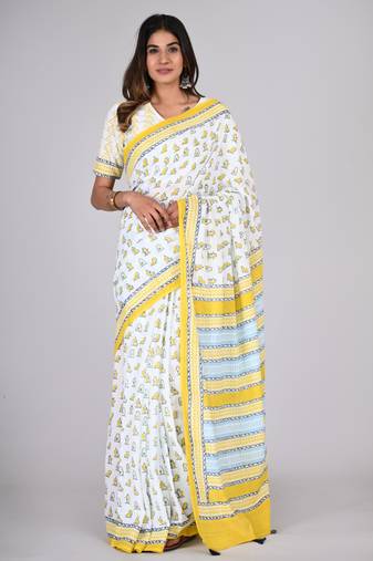 Shivanya handicrafts hand block printed women mulmul cotton sarees for women attach blouse piece sh-1632