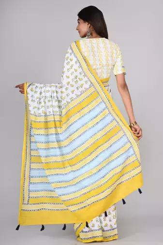 Shivanya handicrafts hand block printed women mulmul cotton sarees for women attach blouse piece sh-1632