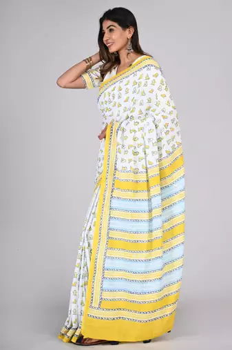 Shivanya handicrafts hand block printed women mulmul cotton sarees for women attach blouse piece sh-1632