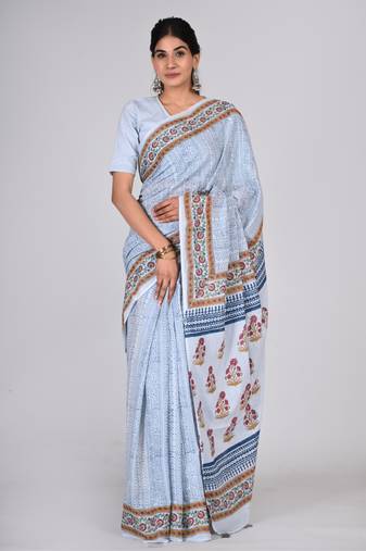 Shivanya handicrafts hand block printed women mulmul cotton sarees for women attach blouse piece sh-1633