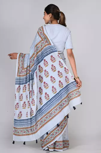Shivanya handicrafts hand block printed women mulmul cotton sarees for women attach blouse piece sh-1633