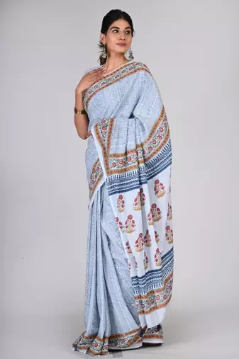 Shivanya handicrafts hand block printed women mulmul cotton sarees for women attach blouse piece sh-1633