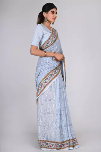 Shivanya handicrafts hand block printed women mulmul cotton sarees for women attach blouse piece sh-1633