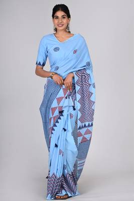 Shivanya handicrafts hand block printed women mulmul cotton sarees for women attach blouse piece sh-1635 1