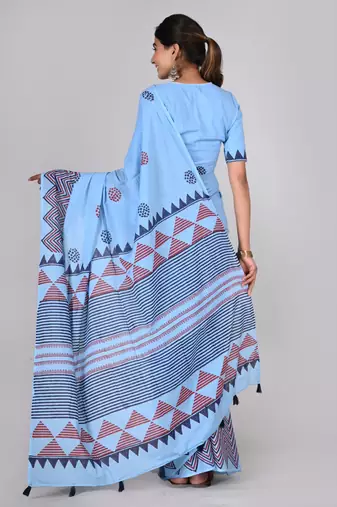 Shivanya handicrafts hand block printed women mulmul cotton sarees for women attach blouse piece sh-1635