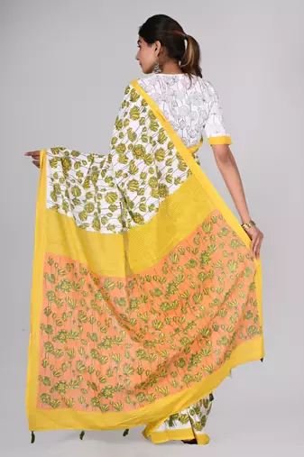 Shivanya handicrafts hand block printed women mulmul cotton sarees for women attach blouse piece sh-1636