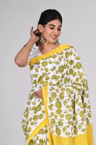 Shivanya handicrafts hand block printed women mulmul cotton sarees for women attach blouse piece sh-1636