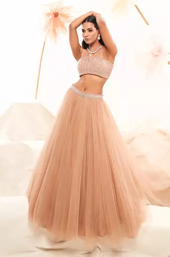 Pink Net Embroidery Lehenga Set