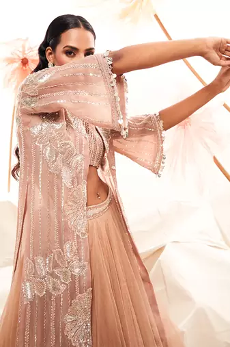 Pink Net Embroidery Lehenga Set