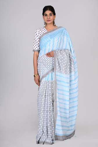 Shivanya handicrafts hand block printed women mulmul cotton sarees for women attach blouse piece sh-1637