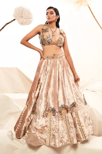 Gold Velvet Embroidery  Lehenga Set